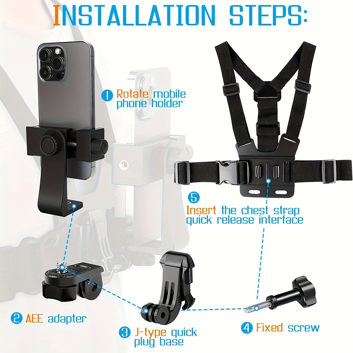 Durable Phone Holder 5-in-1 Chest Mount Phone Holder | Durable ABS Material, Adjustable Strap, Ergonomic Shoulder Design - Perfect for Vlogging, Fishing, Hiking & Live Streaming