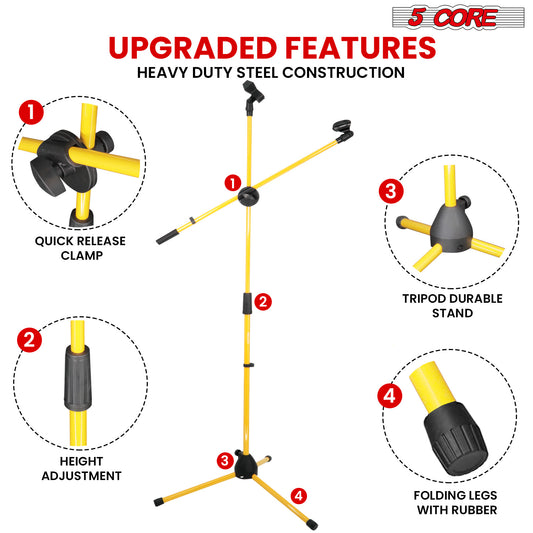 5 Core Mic Stand Floor Universal Height Adjustable Tripod Microphone Stands Holds 2 Mics w Extending Telescoping Boom Arm Foldable Portable for Studio On Stage Yellow - MS DBL G YLW